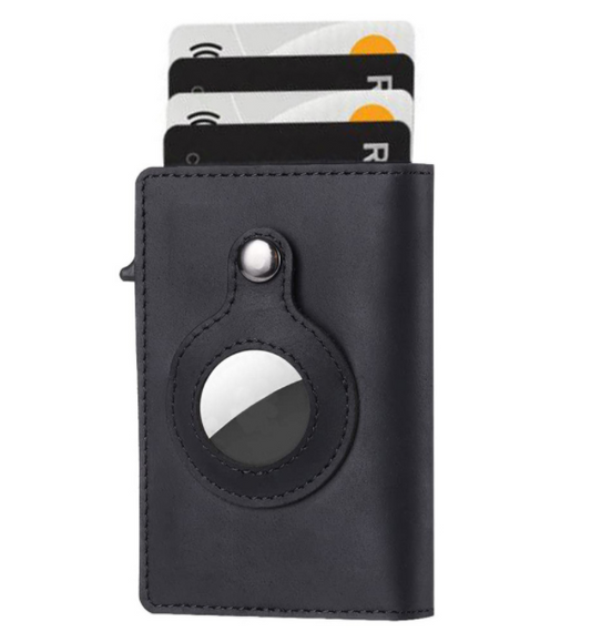 Leather AirTag Card Holder Wallet in black color with an AirTag inserted on the side and cards visible in the slots.